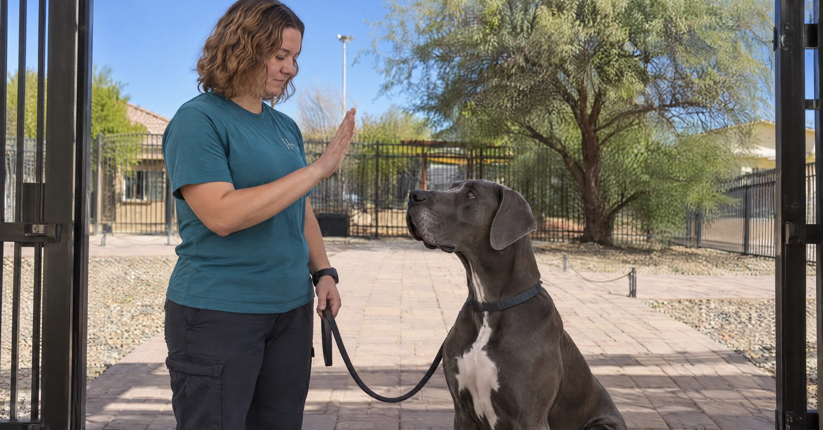 Trainer Sierra guiding an adult Great Dane to wait at the entrance threshold at Partners Dogs Cave Creek