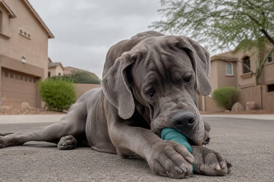 Adult Great Dane chewing a durable rubber toy on a quiet street.