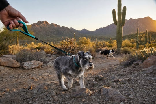 Miniature schnauzer hiking on a leash on a Sonoran Desert trail at sunrise, border collie playing behind