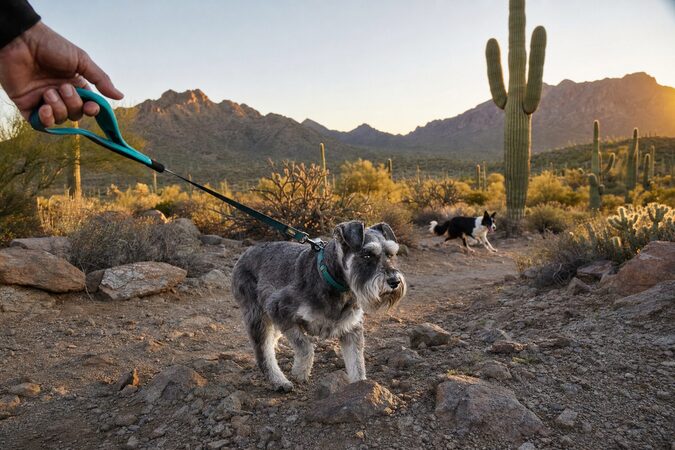 Miniature schnauzer hiking on a leash on a Sonoran Desert trail at sunrise, border collie playing behind