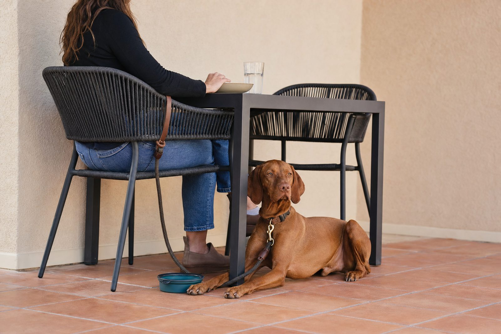 Pet Parent dining with a calm adult Vizsla settled under a restaurant table on a dog friendly patio in Old Town Scottsdale