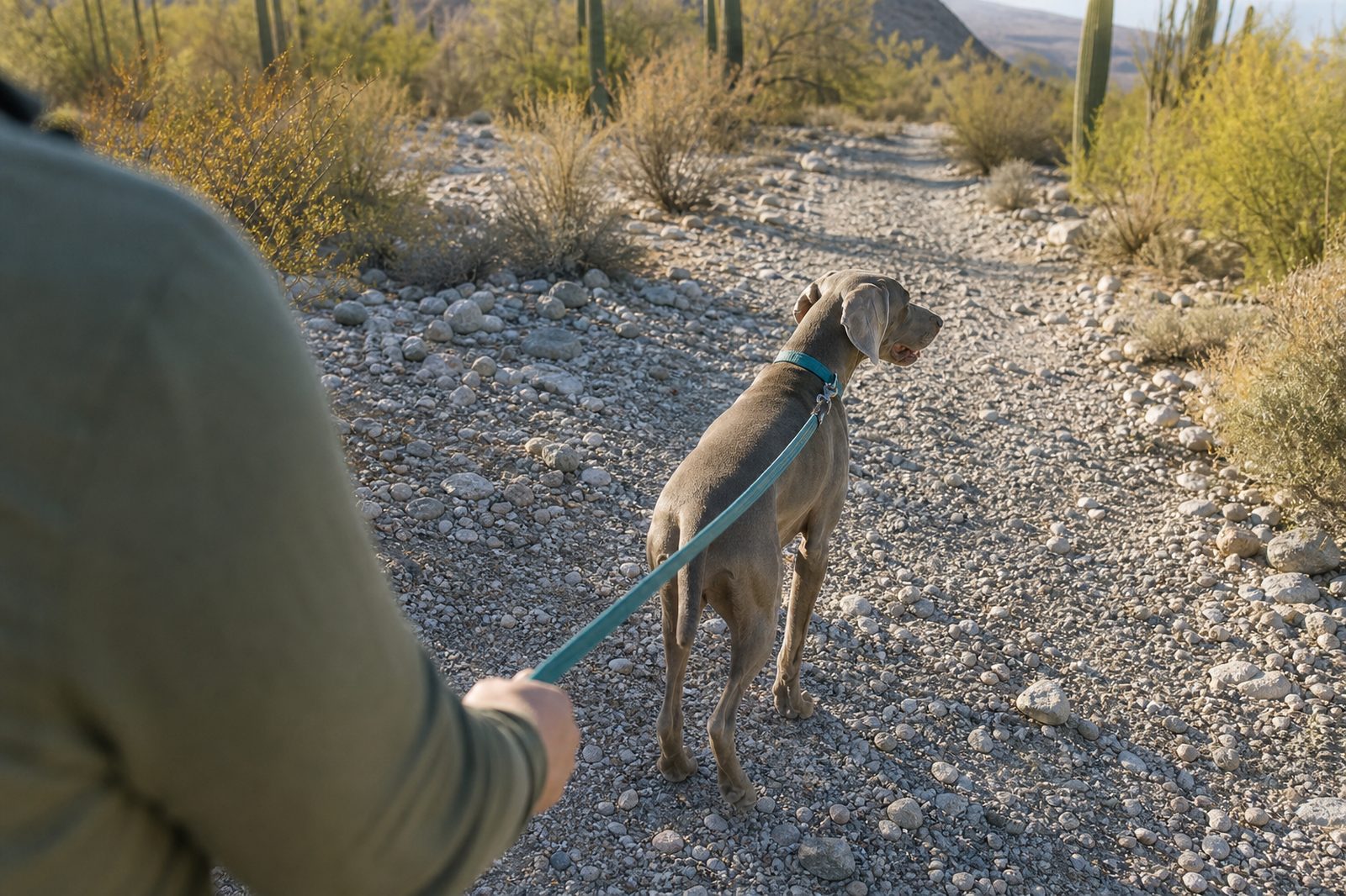 Adult Weimaraner walking a desert wash trail beside its handler.
