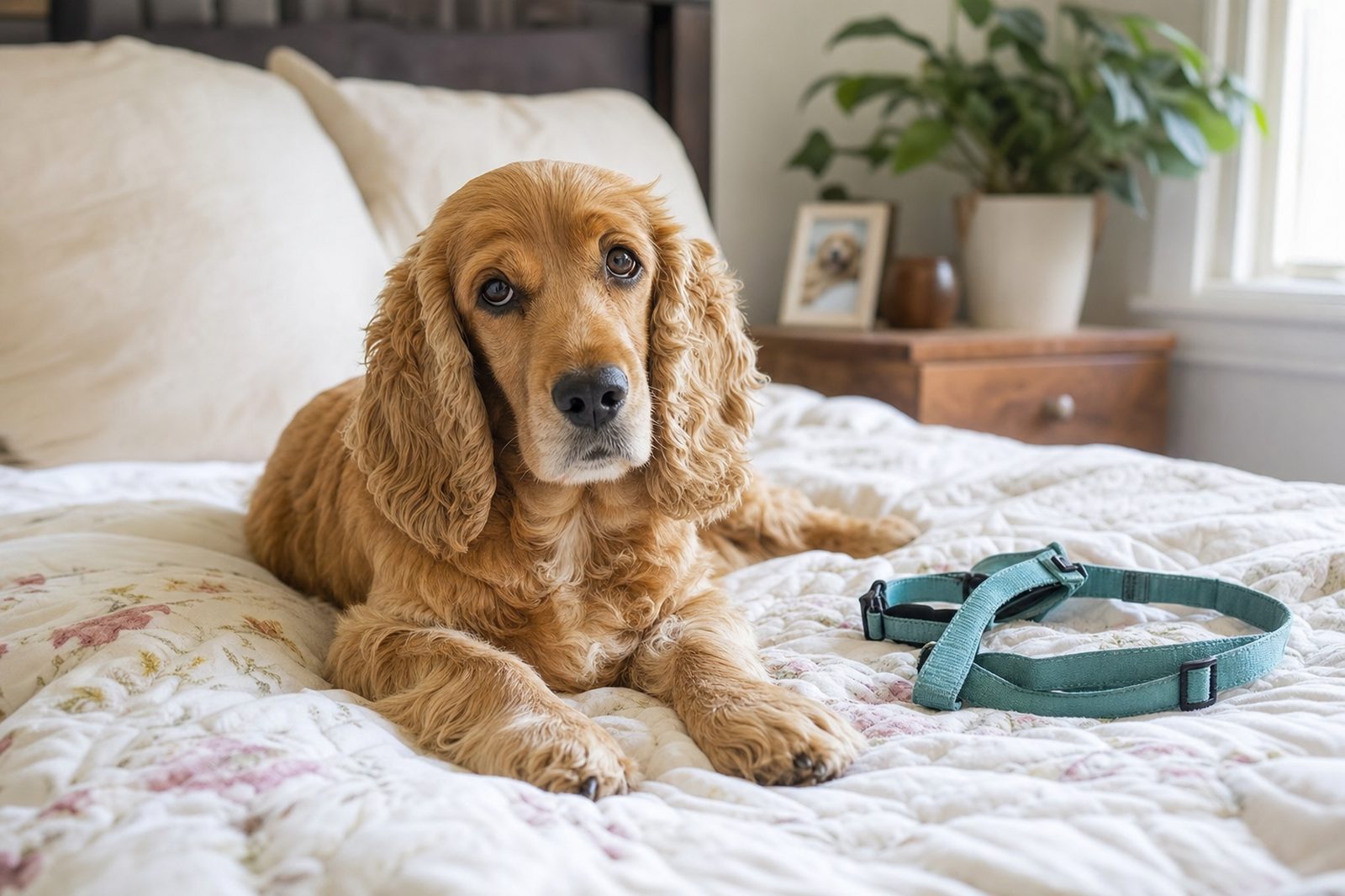 Adult Cocker Spaniel recovering from canine cough resting calmly on a home bed