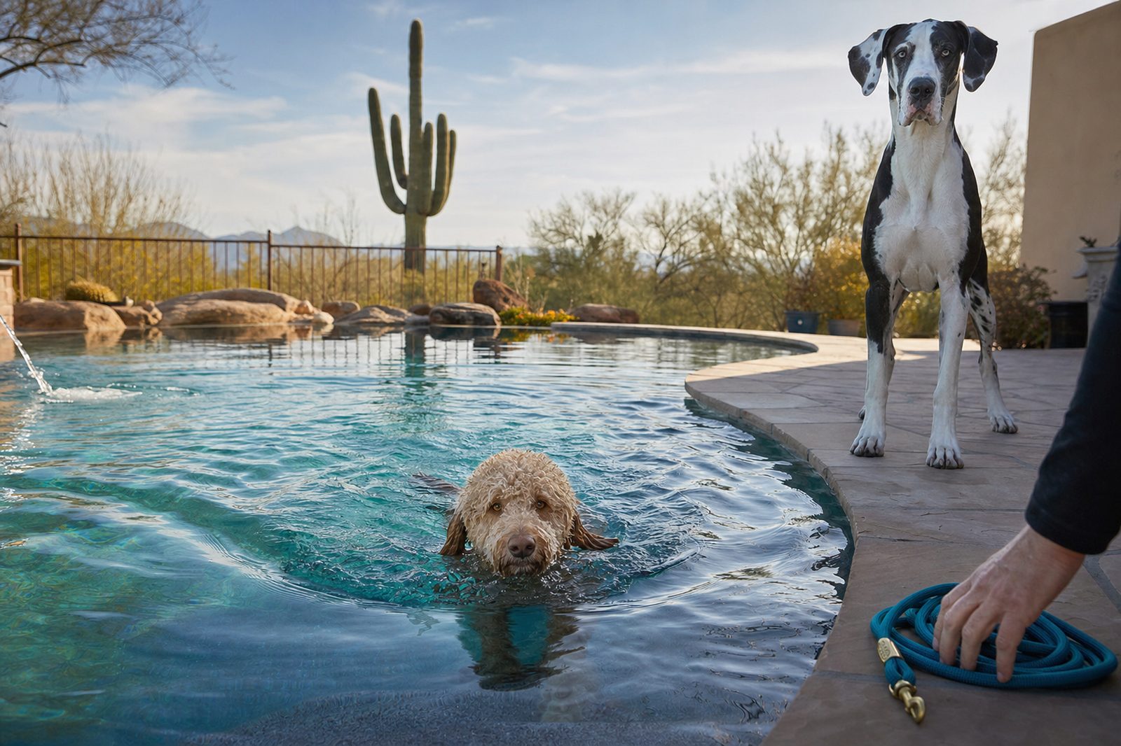 Labradoodle swimming to marked pool steps with a Great Dane nearby
