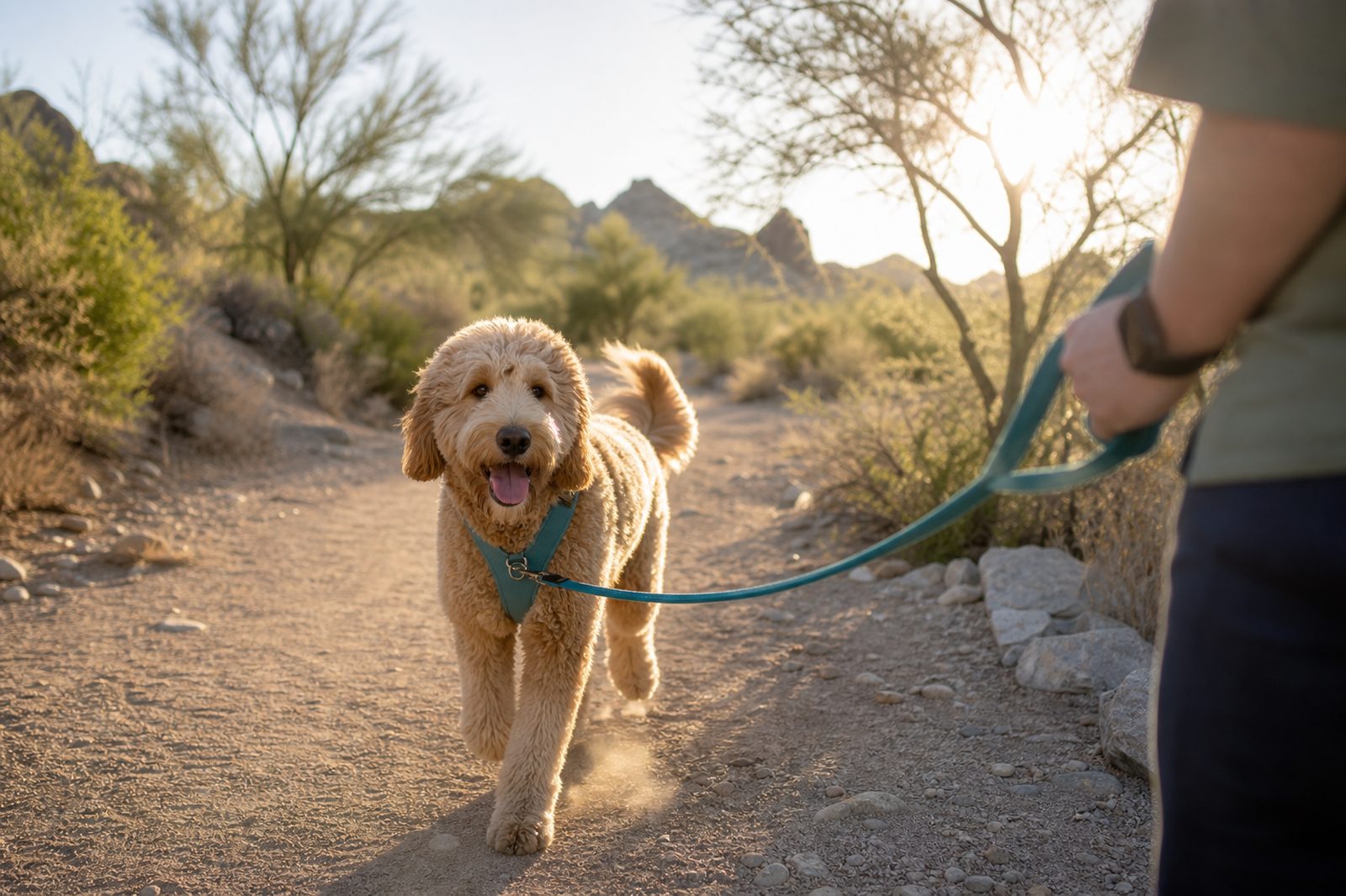 A Goldendoodle walks ahead on a leash along a sunny desert wash trail.