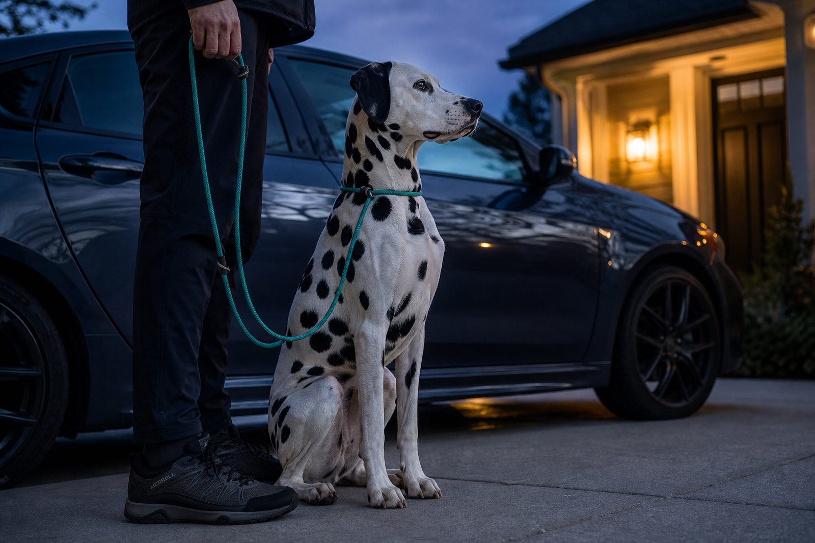 A Dalmatian holding a focused heel beside a car during an evening training session.