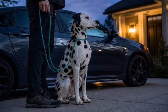 A Dalmatian holding a focused heel beside a car during an evening training session.