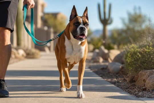 Boxer walking on a teal leash along a sunny desert neighborhood sidewalk.