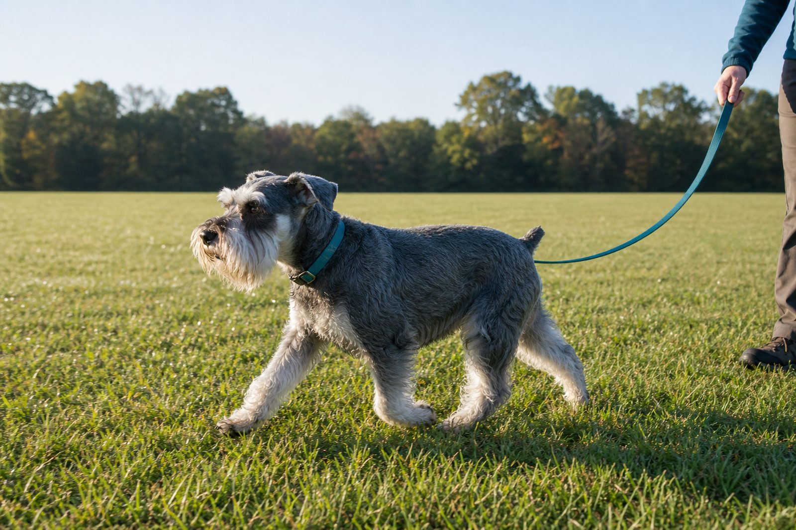 A Miniature Schnauzer trots across a sunny grass field at a park's edge.