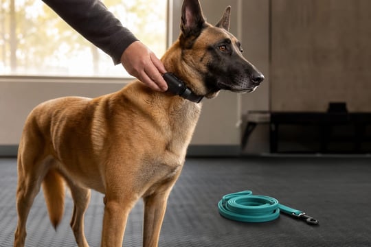 A Belgian Malinois being fitted with an e-collar receiver during a calm training session.