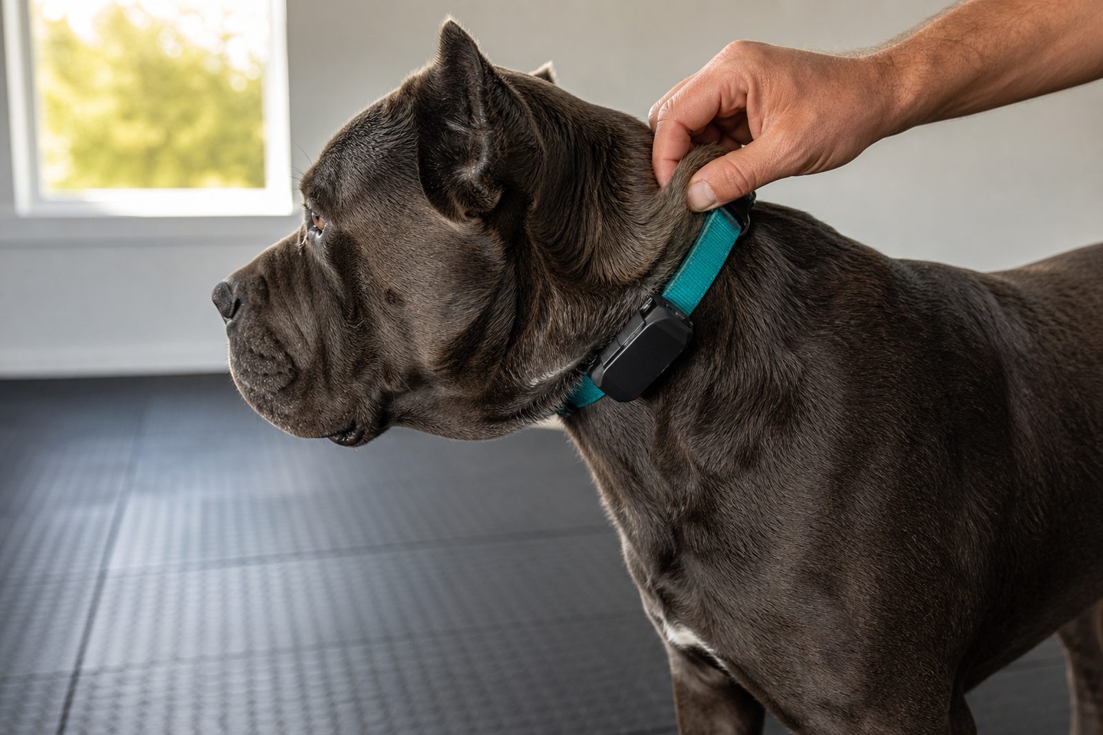 A handler checks the fit of an e-collar receiver against a Cane Corso's thick double coat.