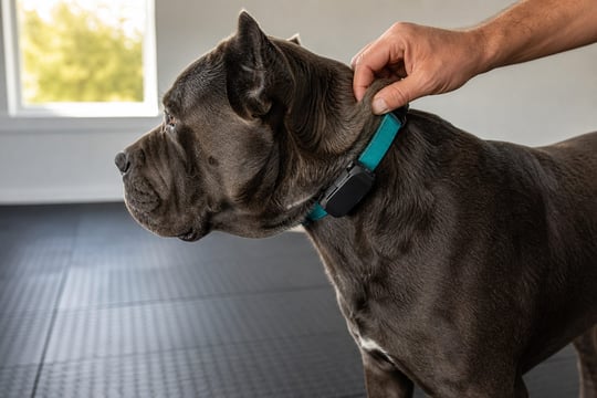 A handler checks the fit of an e-collar receiver against a Cane Corso's thick double coat.