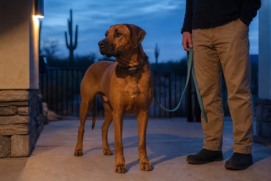 A Rhodesian Ridgeback wears a collar receiver on a porch at dusk.