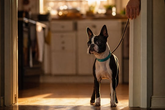 Boston Terrier standing in a kitchen doorway at golden hour wearing a teal collar.