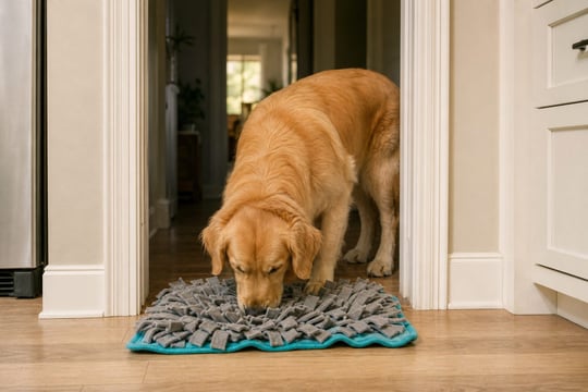 Golden Retriever using a snuffle mat in a doorway as calming enrichment during boarding.