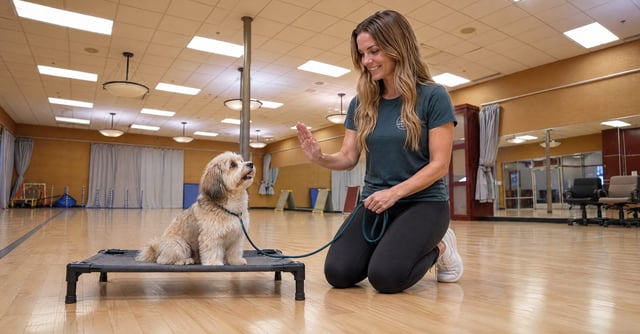Emma Vincent kneels beside a Havanese on a cot in the auditorium group-class room at Partners Dogs Scottsdale.