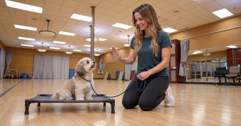 Emma Vincent kneels beside a Havanese on a cot in the auditorium group-class room at Partners Dogs Scottsdale.