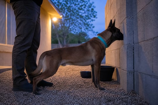 Belgian Malinois standing beside a handler and sniffing an opening in a concrete block wall at dusk.