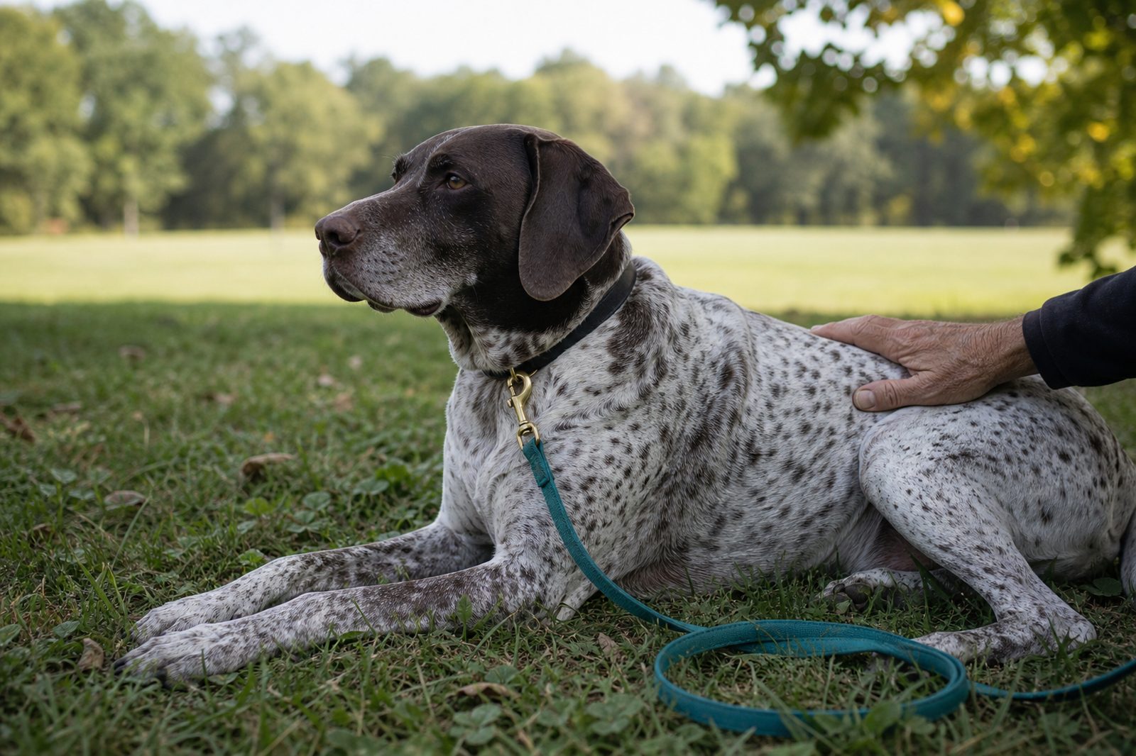 A Pointer lies relaxed on grass beside its owner's resting hand in late afternoon shade.