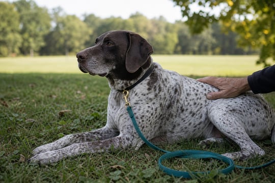 A Pointer lies relaxed on grass beside its owner's resting hand in late afternoon shade.