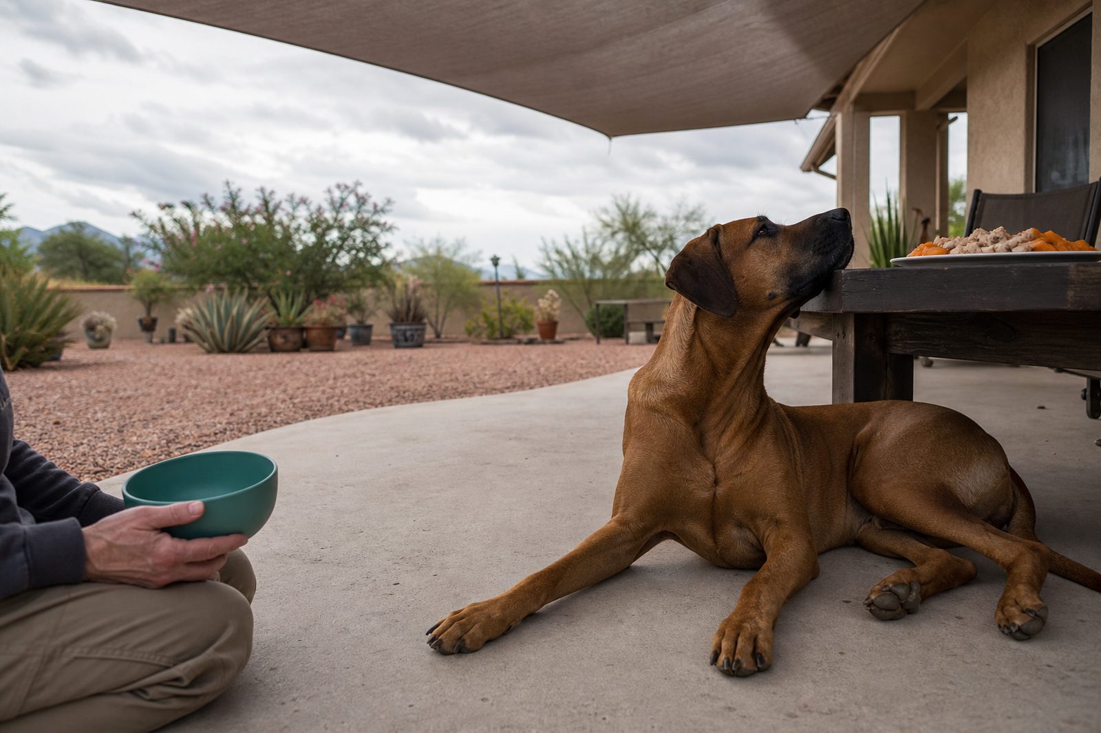 Large brown dog lying calmly beside a patio dining table set with food.