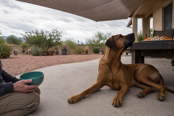 Large brown dog lying calmly beside a patio dining table set with food.