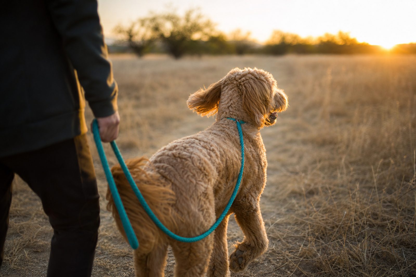 A Goldendoodle walks on a leash beside its owner across a sunlit open field.
