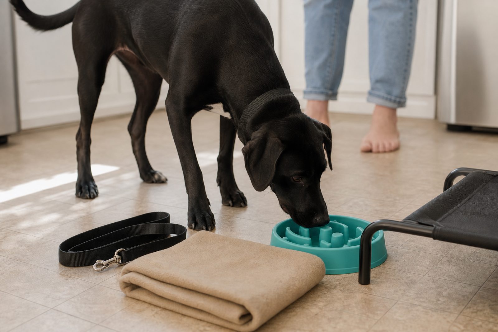 A newly adopted dog investigates a slow feeder and gear laid out on the kitchen floor.