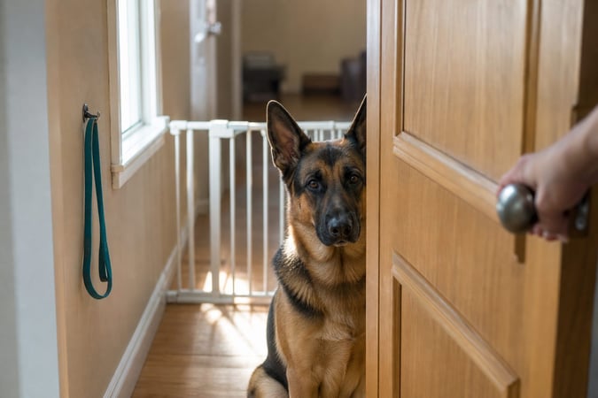 German Shepherd sitting calmly behind a baby gate in a doorway while a person holds the door.