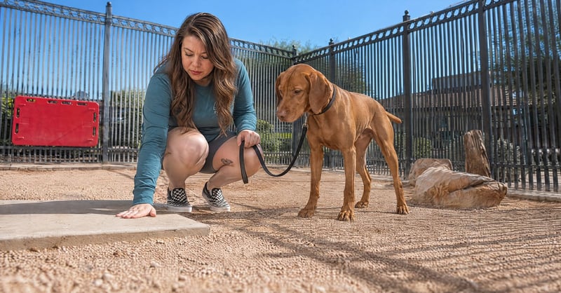 Hannah pressing the back of her hand on hot Scottsdale asphalt beside a Vizsla to test paw safety