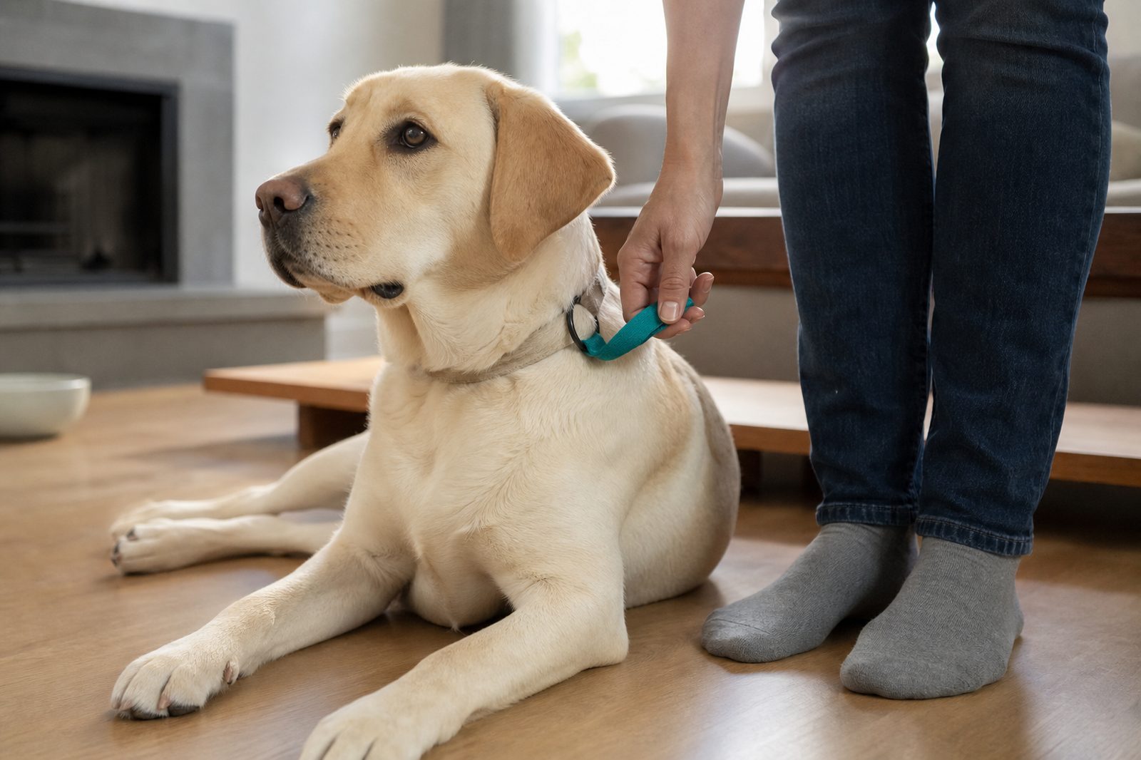 Labrador Retriever wears a short tab handle for supervised indoor training.
