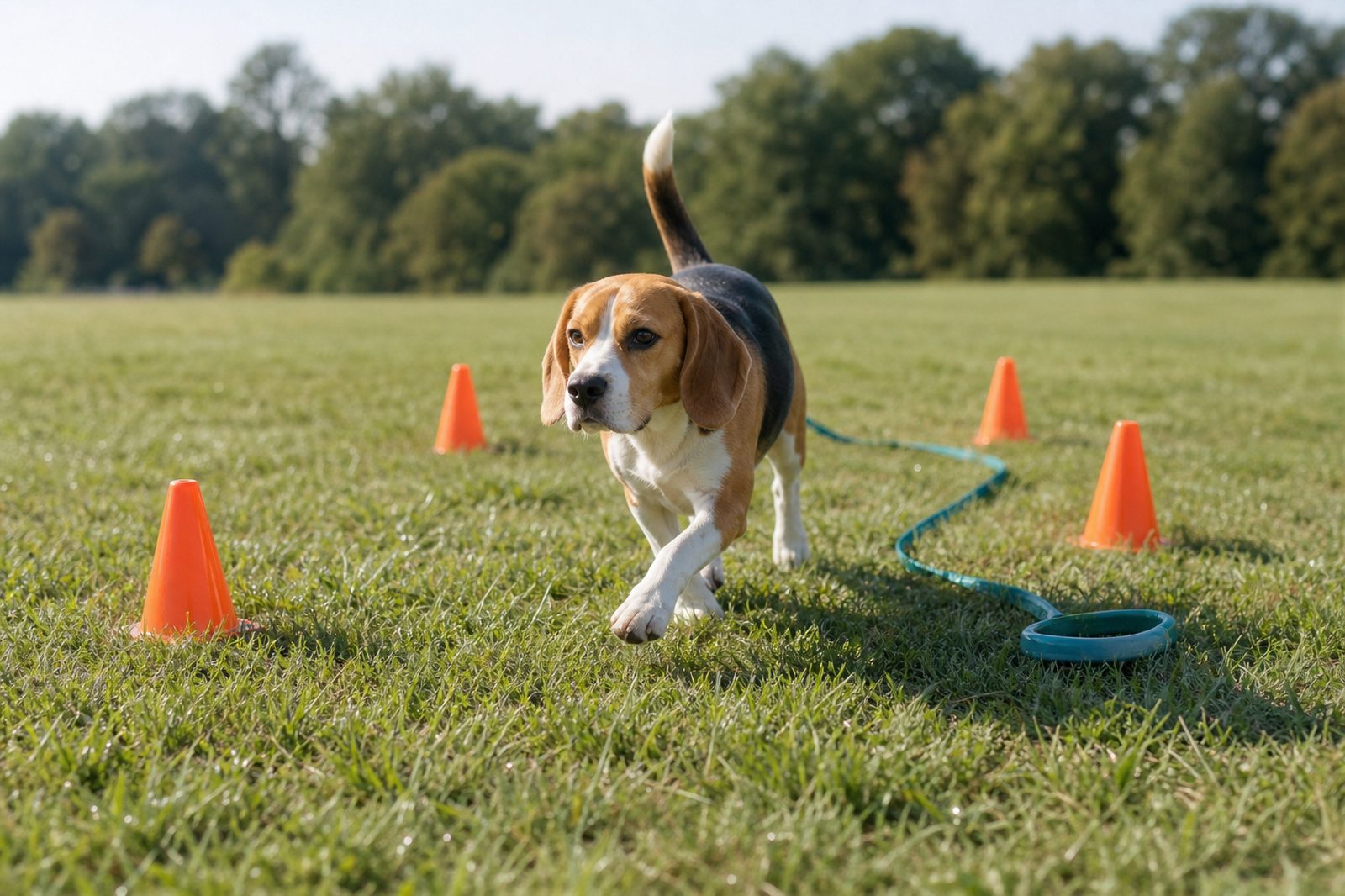 A Beagle moves through cones in an open field during a morning obedience drill.