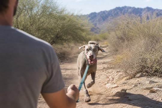 A Weimaraner runs along a desert wash trail with a handler following close behind.