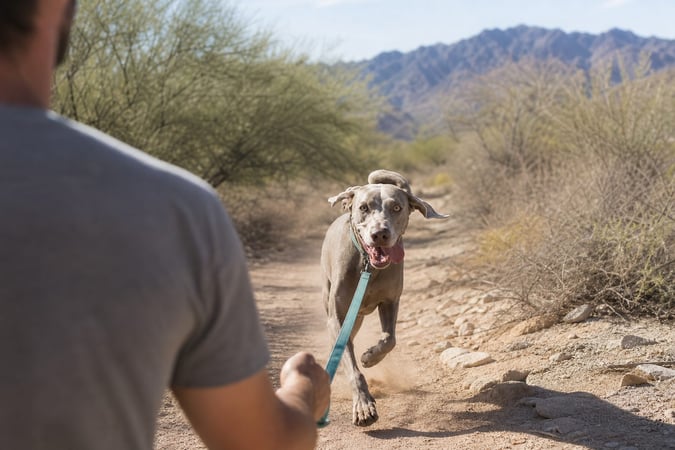 A Weimaraner runs along a desert wash trail with a handler following close behind.