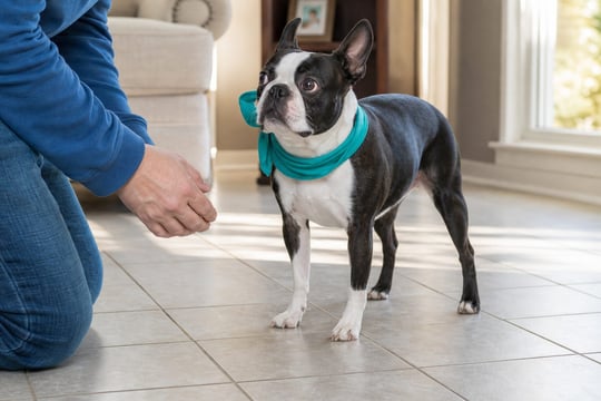 A handler checks a Boston Terrier's body language on a bright tiled living room floor.
