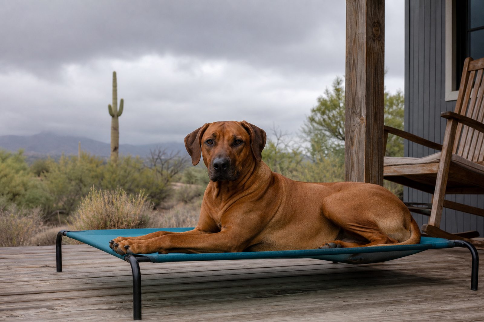 Rhodesian Ridgeback resting calmly on a teal cot on a porch under monsoon skies.