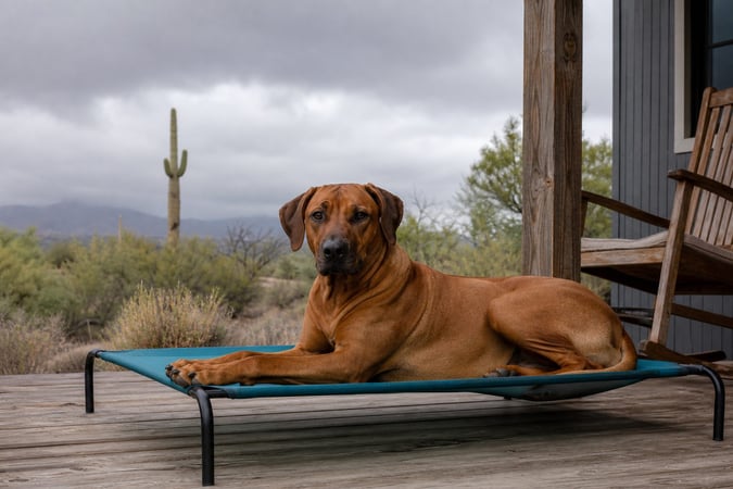 Rhodesian Ridgeback resting calmly on a teal cot on a porch under monsoon skies.