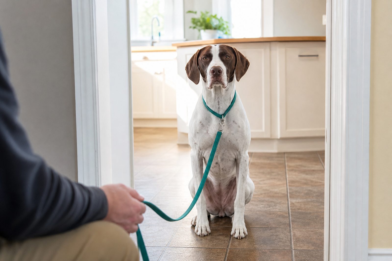 A Pointer sits in a kitchen doorway on a leash during a morning routine at home.
