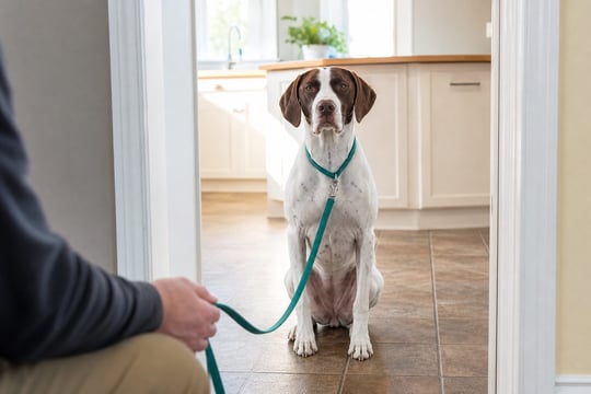 A Pointer sits in a kitchen doorway on a leash during a morning routine at home.