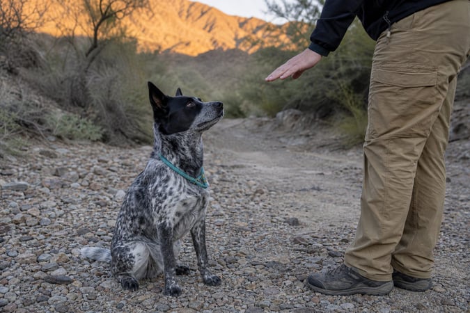 Cattle Dog mix holding a sit on a desert wash trail during late afternoon shade