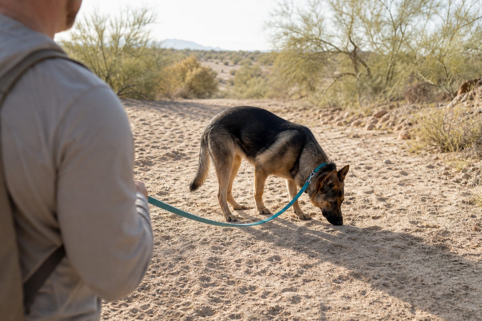A German Shepherd pauses on a desert trail while out on a morning leash walk.
