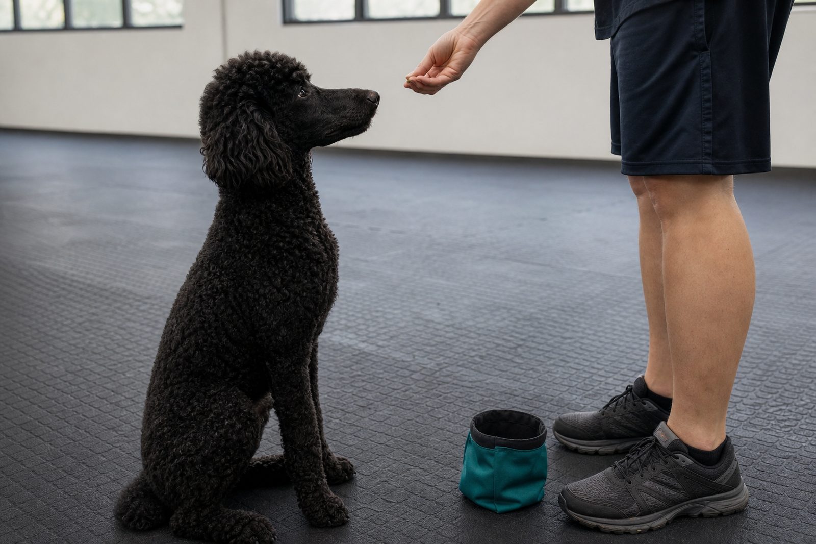 Black poodle sitting calmly and looking up at a person offering a treat.
