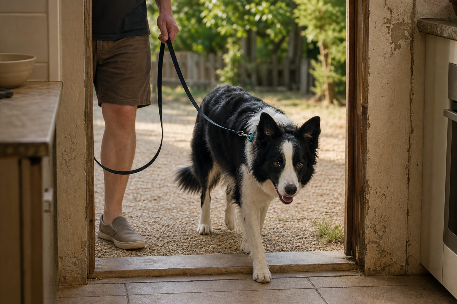 Border collie walking through a doorway beside a person holding a loose leash.