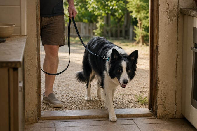 Border collie walking through a doorway beside a person holding a loose leash.