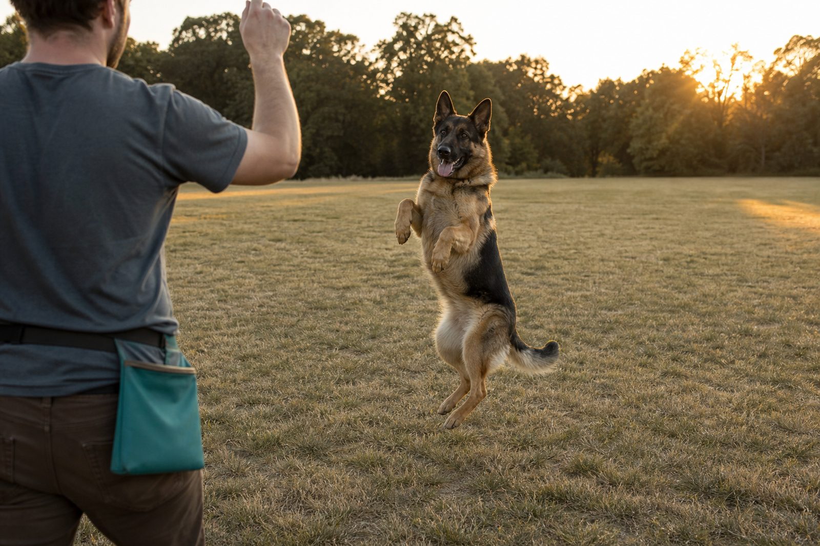 German Shepherd spinning on command in an open field at golden hour.