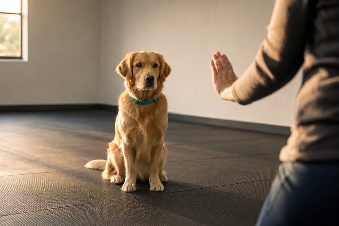 Golden retriever sitting calmly and watching a person give a hand signal in a training room.