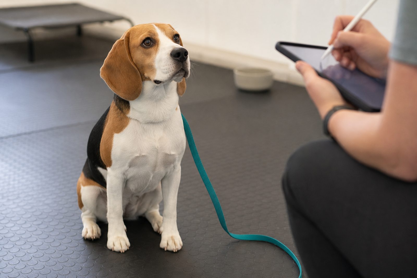 Beagle holding a calm sit-stay on a training floor during a progress check.