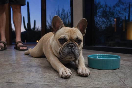 French Bulldog resting on a cool tile floor at dusk after coming inside from Phoenix heat.