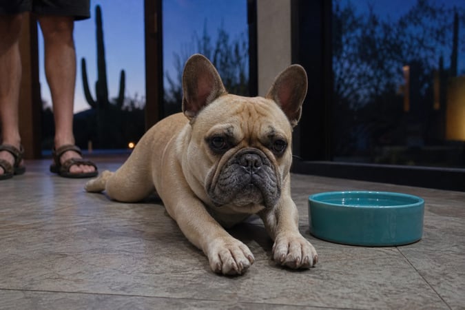 French Bulldog resting on a cool tile floor at dusk after coming inside from Phoenix heat.