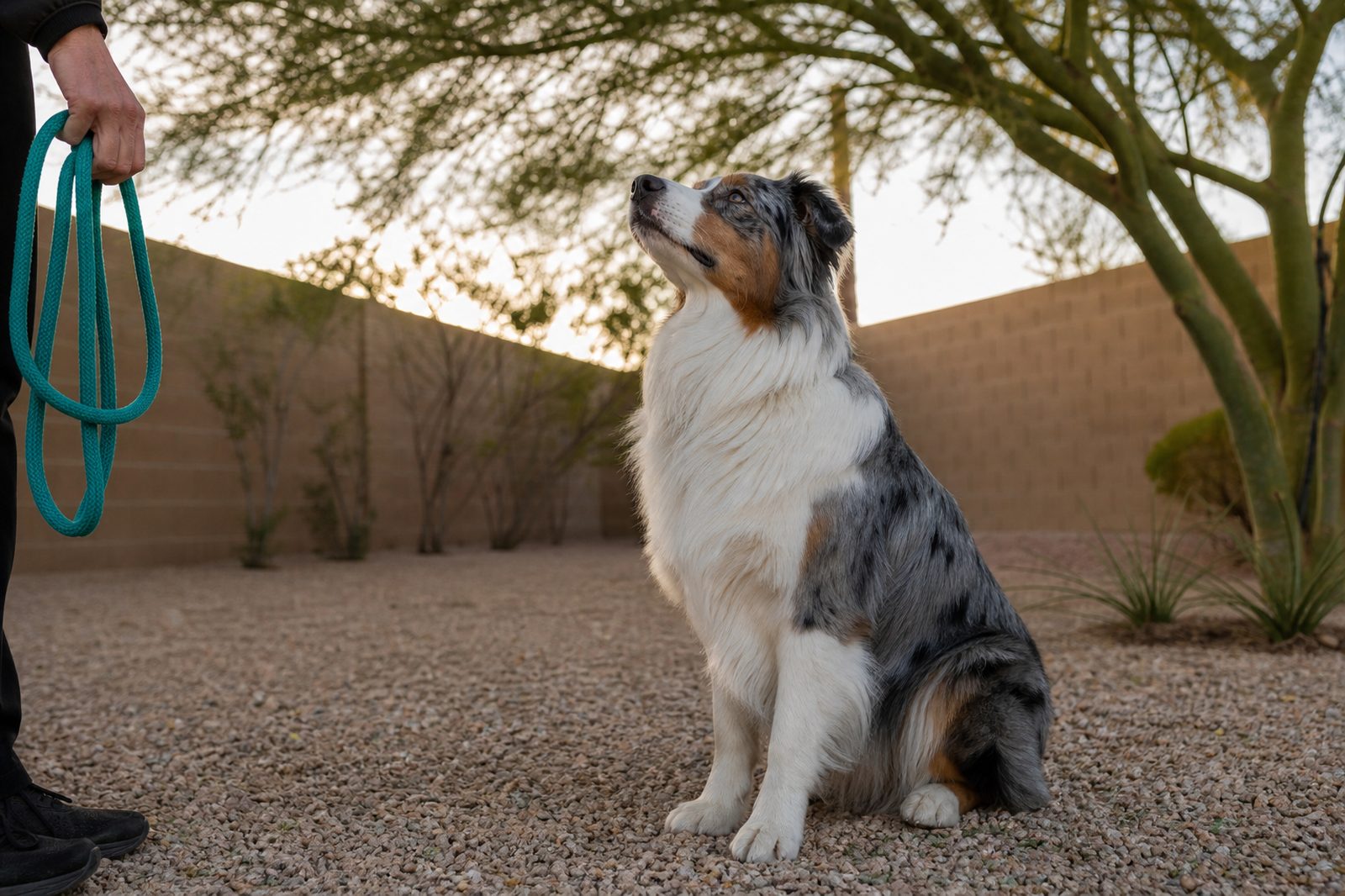 Australian Shepherd sitting attentively during an obedience drill in a shaded backyard.
